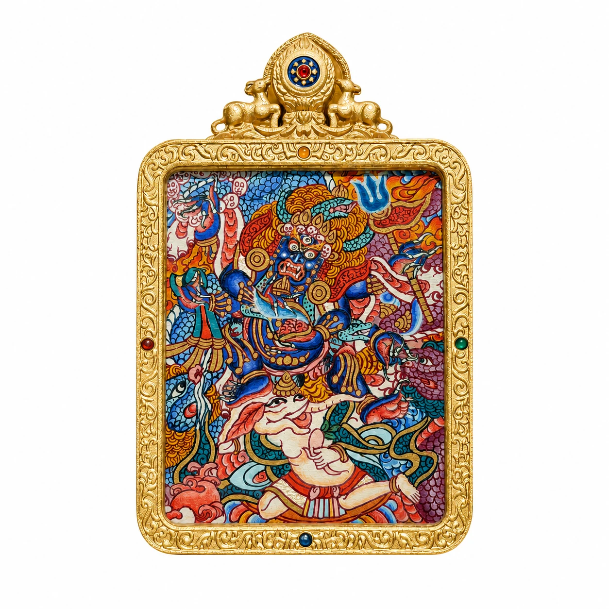 多臂护法主题框装唐卡|金色浮雕框|编号02